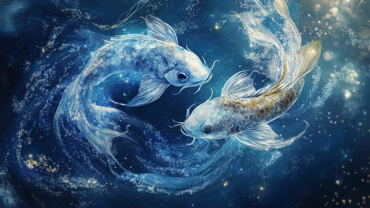 Pisces Celestial Fish Mural Wallpaper — Deep Navy and Gold Mural Wallpaper - room preview 02