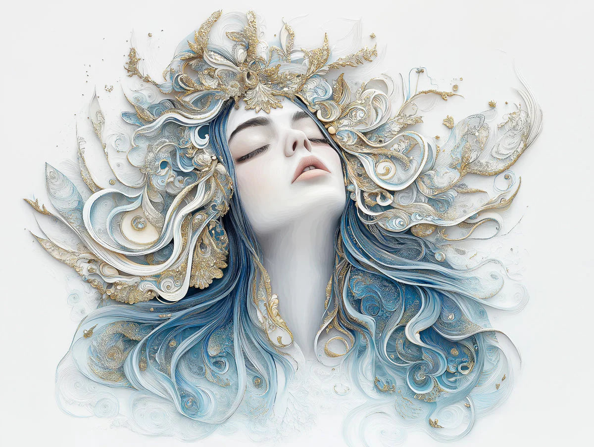 Celestial Muse Mural Wallpaper — Ethereal Blue and Gold Design Mural Wallpaper - room preview 02