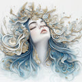 Celestial Muse Mural Wallpaper — Ethereal Blue and Gold Design Mural Wallpaper - room preview 02