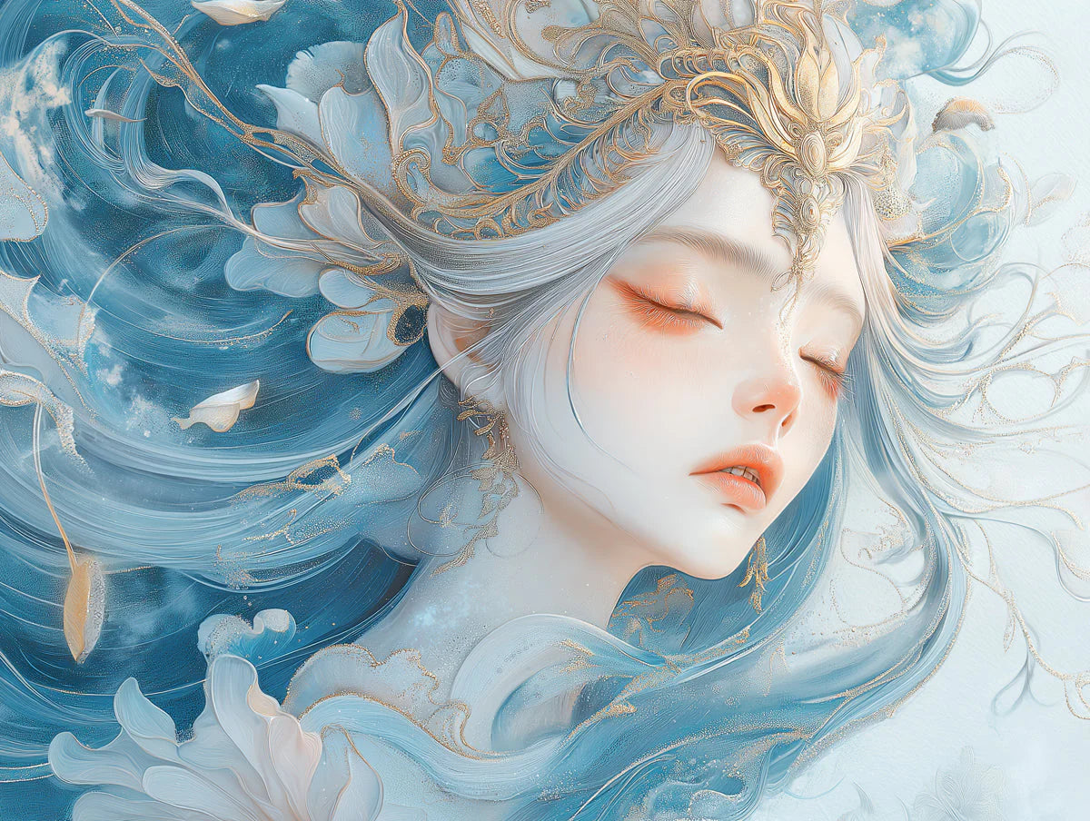 Celestial Dreamer Mural Wallpaper — Ethereal Blue and Gold Mural Wallpaper - room preview 02
