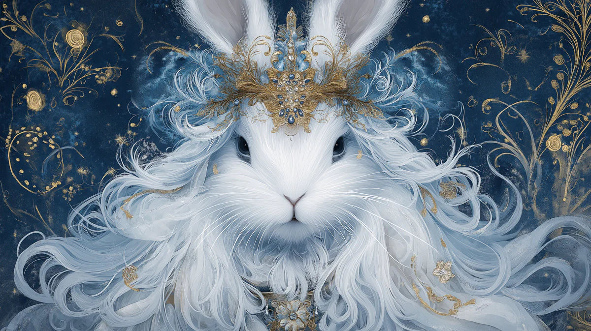 Celestial Rabbit Mural Wallpaper — Whimsical Gold and Blue Mural Wallpaper - room preview 02