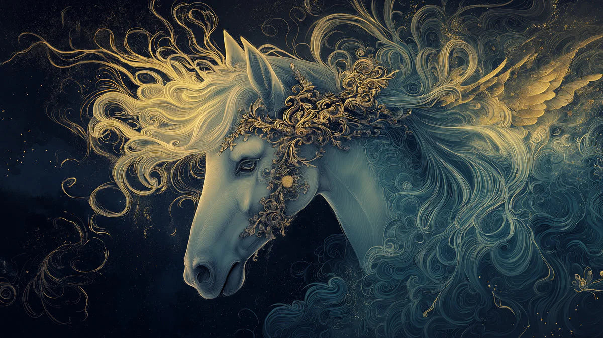 Celestial Horse Mural Wallpaper — Midnight Navy and Gold Mural Wallpaper - room preview 02