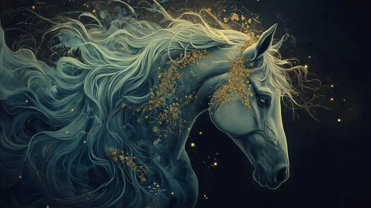 Ethereal Mythical Horse Mural Wallpaper — Celestial Navy and Gold Mural Wallpaper - room preview 02