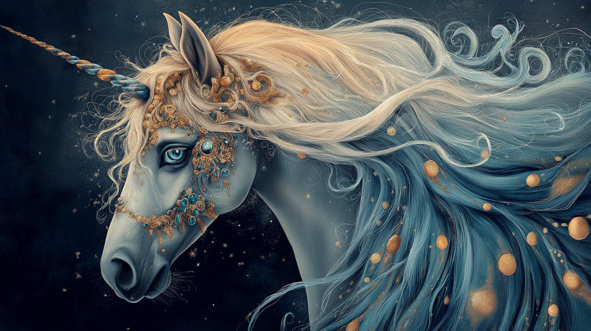 Celestial Unicorn Mural Wallpaper — Dark Blue Fantasy Art Mural Wallpaper - room preview 02