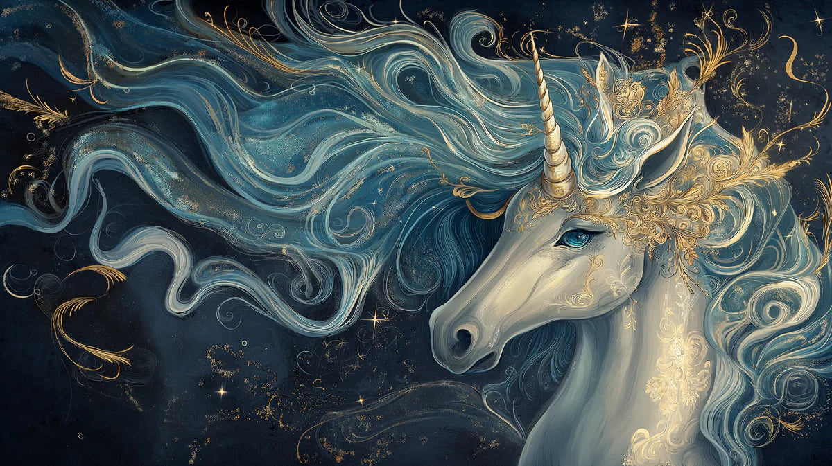 Celestial Unicorn Mural Wallpaper — Dark Blue Fantasy Art Mural Wallpaper - room preview 02