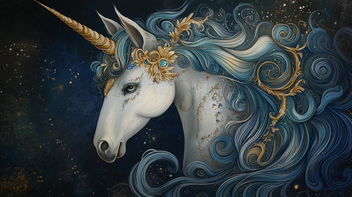Celestial Unicorn Mural Wallpaper — Whimsical Gold and Blue Design Mural Wallpaper - room preview 02