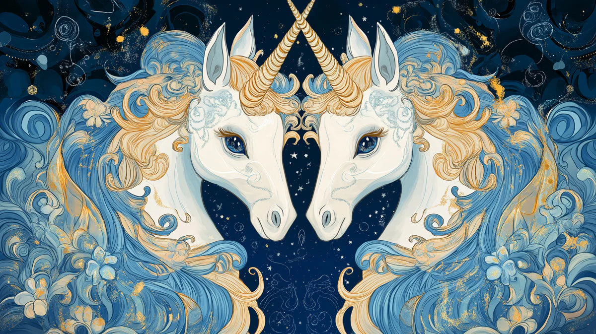 Celestial Gemini Unicorn Mural Wallpaper in Navy and Gold Mural Wallpaper - room preview 02