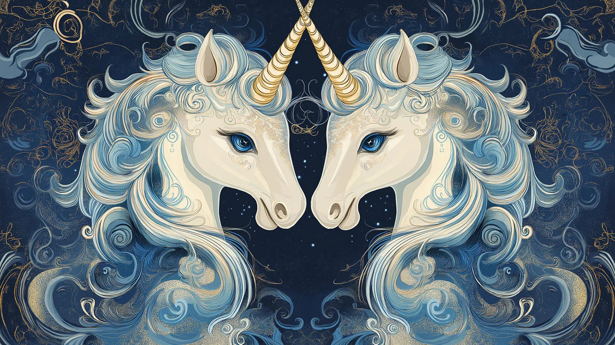 Celestial Gemini Unicorn Mural Wallpaper in Navy and Gold Mural Wallpaper - room preview 02