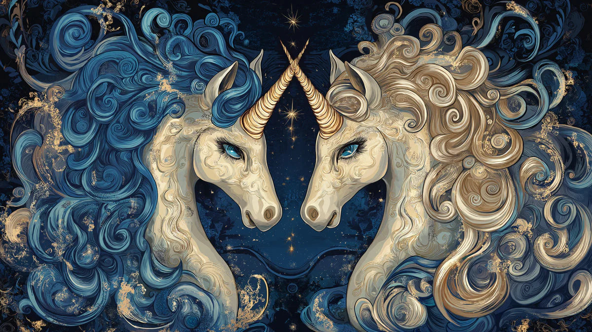 Celestial Gemini Unicorn Mural Wallpaper — Deep Blue and Gold Mural Wallpaper - room preview 02