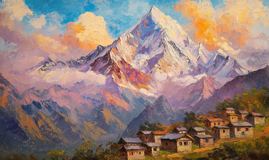 Mountain Landscape Wallpaper Mural – Alpine Scenery Wall Mural – Alpine Village Oil Painting — Impressionist Style printable artwork