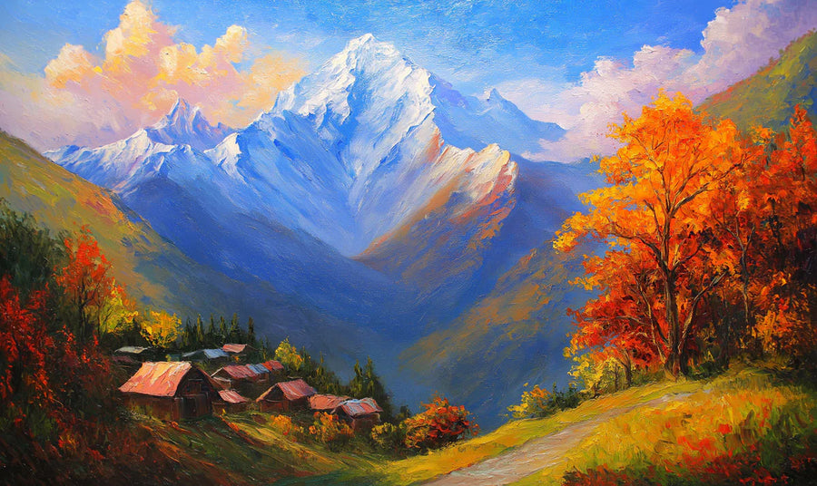 Alpenherbst-Aussicht Wandbildtapete – Malerische Öllandschafts-Wandbildtapete printable artwork