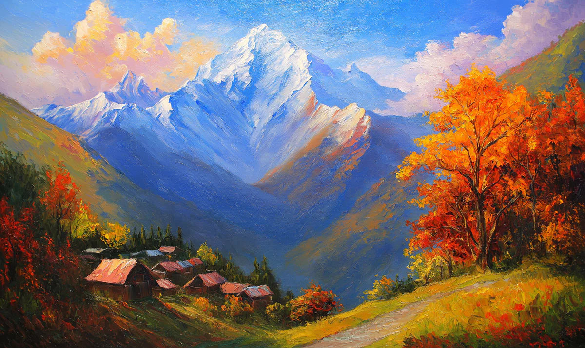 Alpine Autumn Vista Mural Wallpaper — Painterly Oil Landscape Mural Wallpaper - room preview 02
