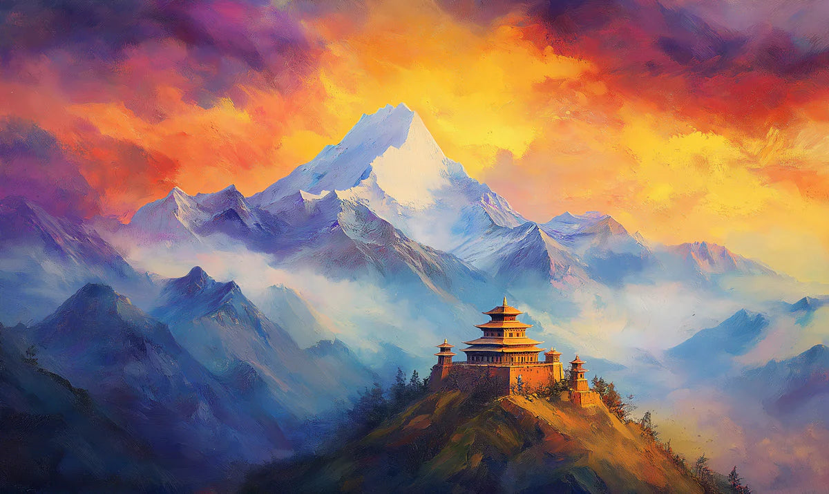Himalayan Peak Mural Wallpaper — Vibrant Oil Painting Art Mural Wallpaper - room preview 02
