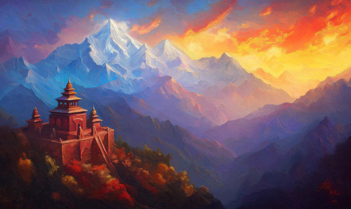 Himalayan Temple Mural Wallpaper — Artistic Mountain Landscape Mural Wallpaper - room preview 02