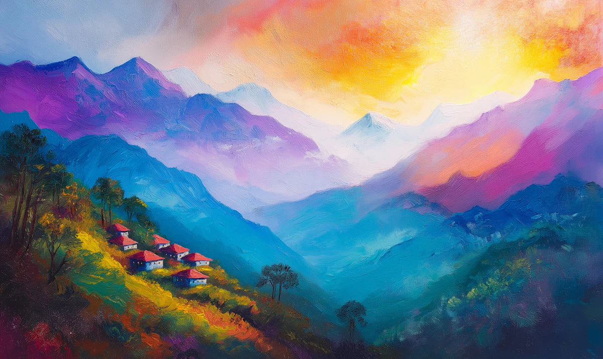 Mountain Hamlet Landscape Mural Wallpaper in Impressionist Style Mural Wallpaper - room preview 02