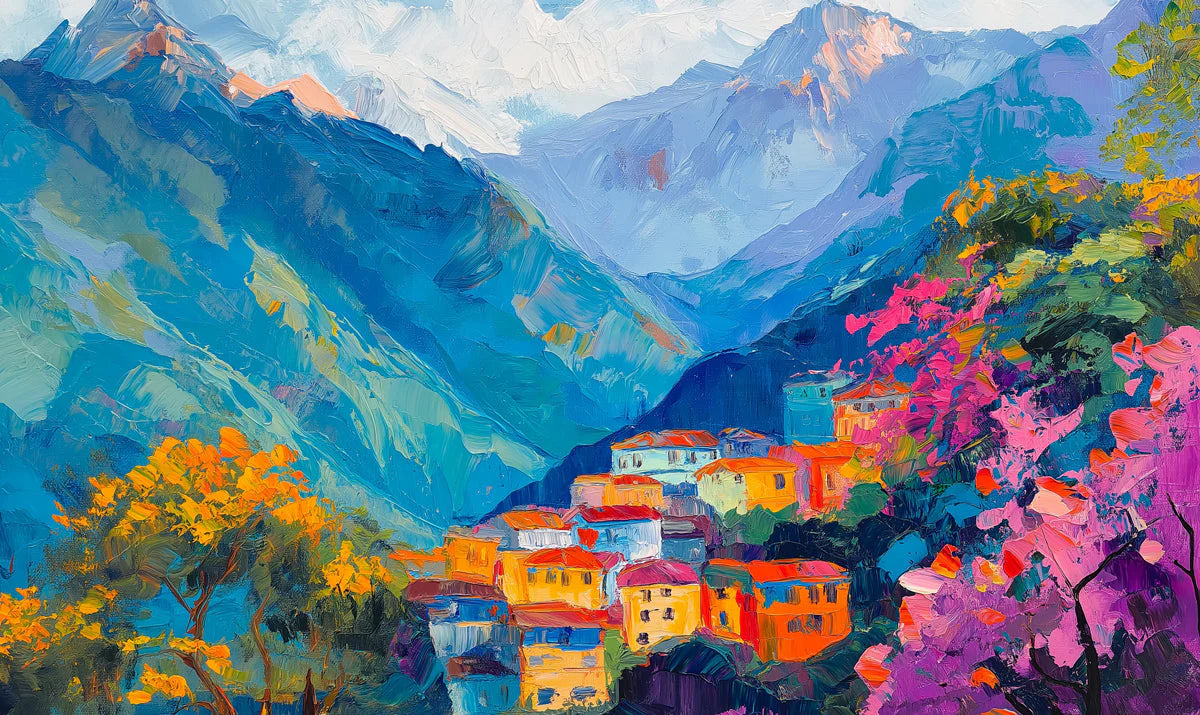 Mountain Hamlet Mural Wallpaper — Vibrant Impressionist Landscape Mural Wallpaper - room preview 02