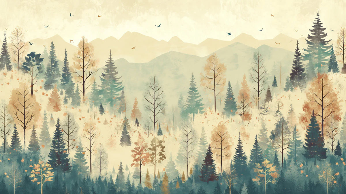 Misty Alpine Forest Mural Wallpaper in Earthy Watercolor Tones Mural Wallpaper - room preview 02
