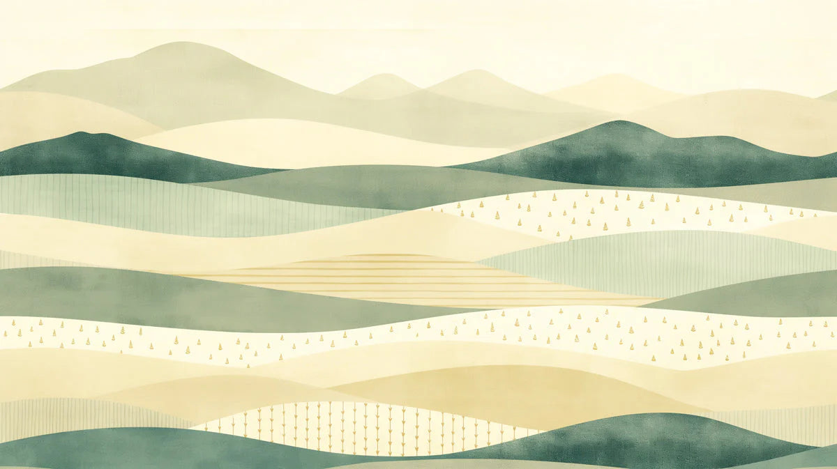 Abstract Rolling Hills Mural Wallpaper — Sage and Ochre Minimalist Mural Wallpaper - room preview 02