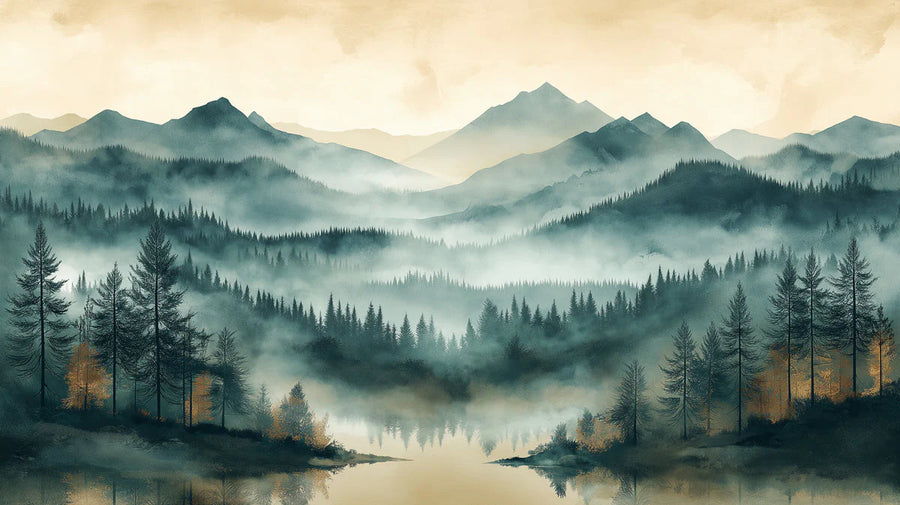 Forest Wallpaper Mural – Woodland Wall Mural – Misty Mountain Forest — Ethereal Woodland Scenic printable artwork