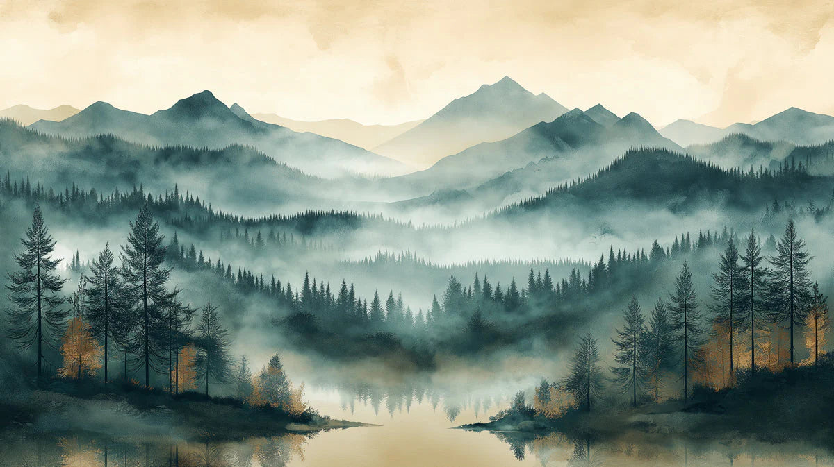 Misty Mountain Forest Mural Wallpaper — Ethereal Woodland Scenic Mural Wallpaper - room preview 02