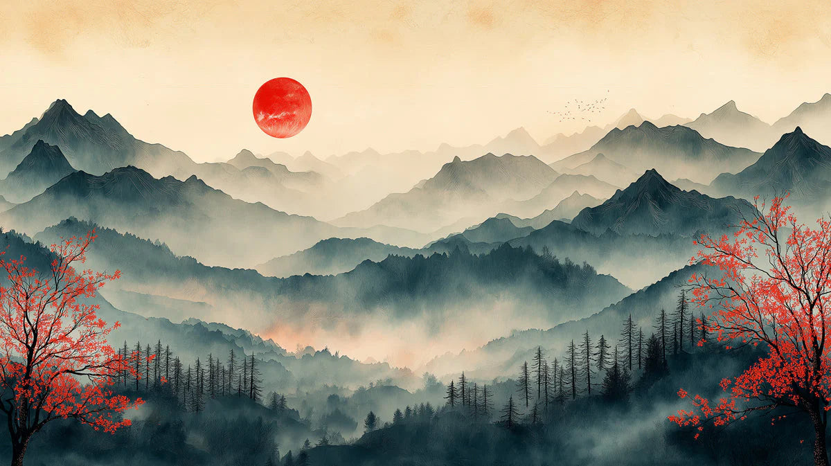 Sun Mountain Reverie Mural Wallpaper — Oriental Landscape Design Mural Wallpaper - room preview 02