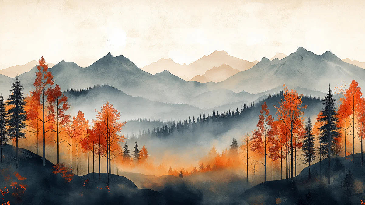 Autumn Mountain Vista Mural Wallpaper — Painterly Forest Scene Mural Wallpaper - room preview 02