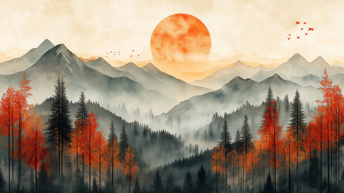 Misty Autumn Mountain Mural Wallpaper in Burnt Orange and Charcoal Mural Wallpaper - room preview 02