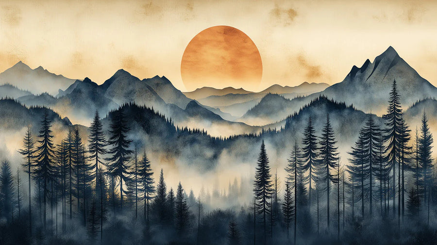 Landscape Wallpaper Mural – Scenery Wall Mural – Golden Horizon Mountain — Ethereal Landscape printable artwork