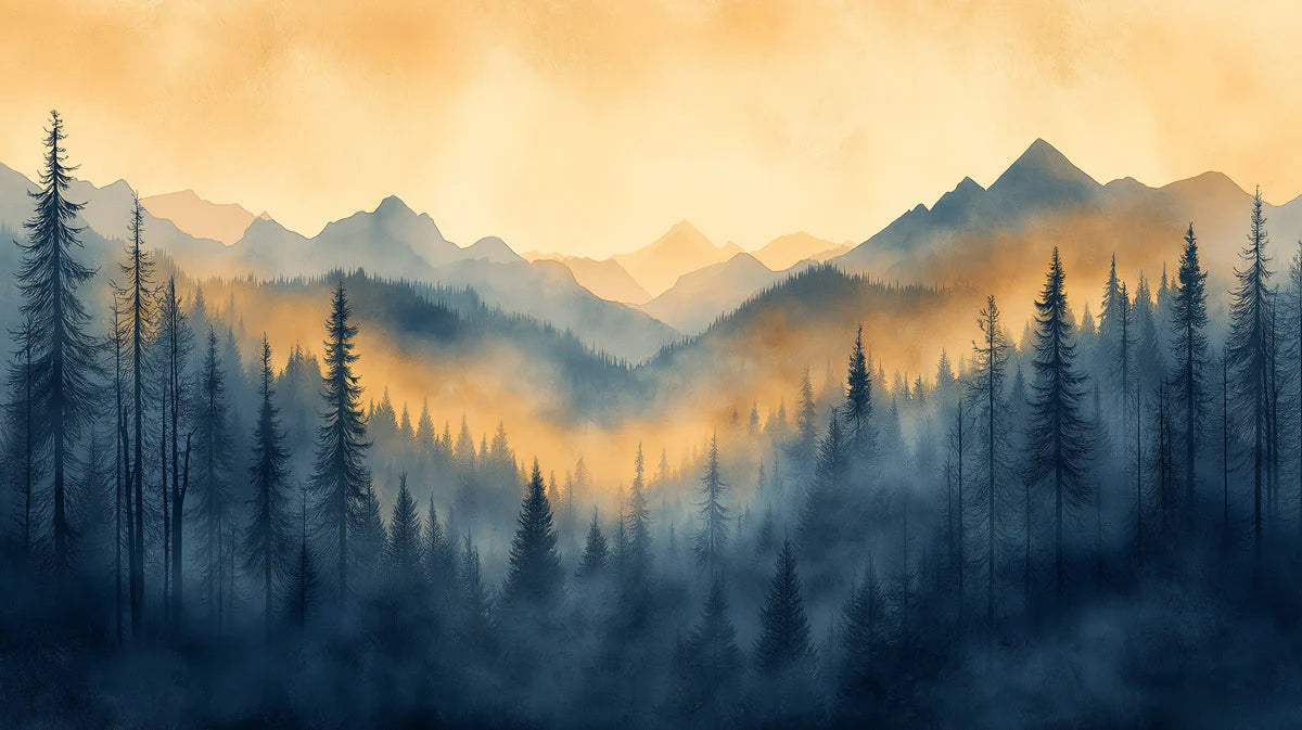 Golden Haze Mountain Forest Mural Wallpaper — Impressionistic Scenery Mural Wallpaper - room preview 02