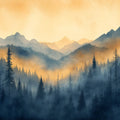 Golden Haze Mountain Forest Mural Wallpaper — Impressionistic Scenery Mural Wallpaper - room preview 02