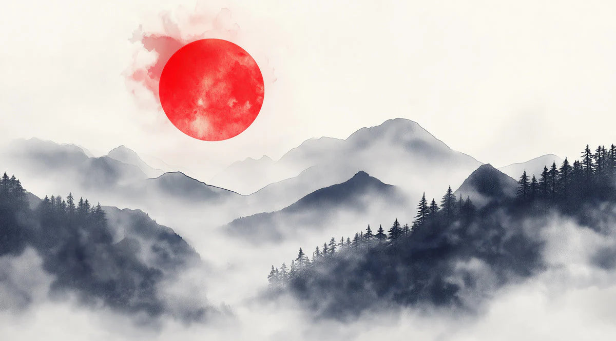 Crimson Sun Mountain Horizon Mural Wallpaper — Artistic Ink Wash Mural Wallpaper - room preview 02
