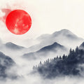 Crimson Sun Mountain Horizon Mural Wallpaper — Artistic Ink Wash Mural Wallpaper - room preview 02