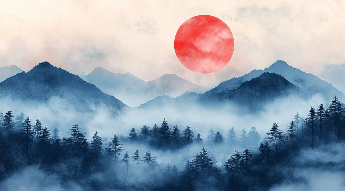 Crimson Mountain Mist Mural Wallpaper — Artistic Forest Landscape Mural Wallpaper - room preview 02