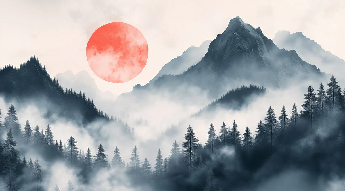 Crimson Moon Over Misty Mountains Mural Wallpaper - room preview 02