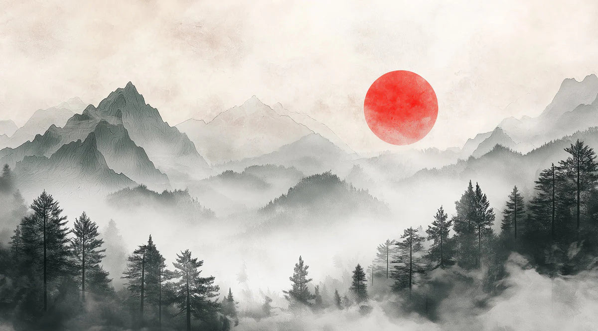 Sun Mountain Ink Wash Mural Wallpaper — Traditional Japanese Style Mural Wallpaper - room preview 02