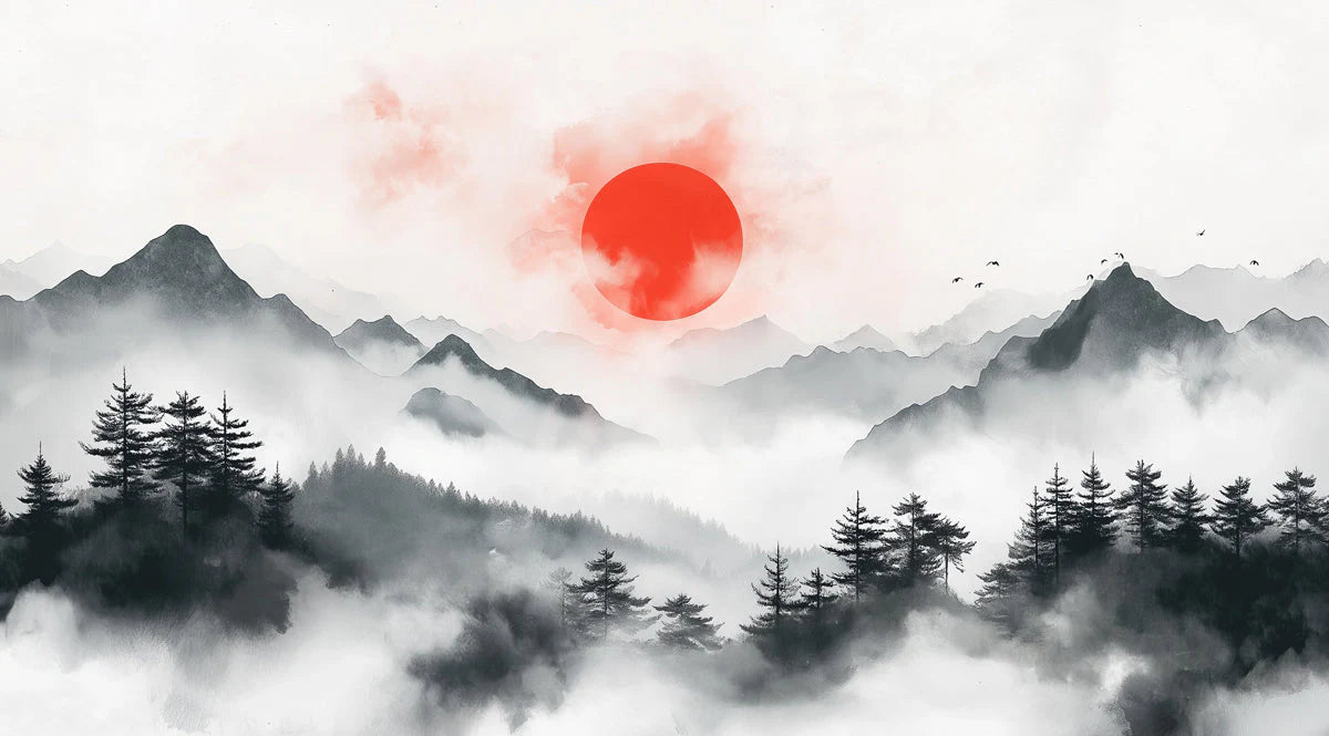 Crimson Sun Mountain Horizon Mural Wallpaper — Minimalist Zen Mural Wallpaper - room preview 02
