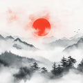 Crimson Sun Mountain Horizon Mural Wallpaper — Minimalist Zen Mural Wallpaper - room preview 02