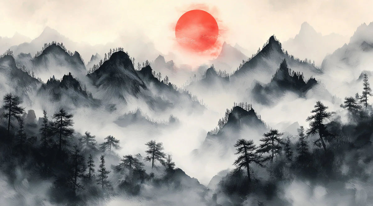 Crimson Sun Mountain Mural Wallpaper — Traditional Ink Wash Style Mural Wallpaper - room preview 02