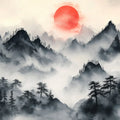 Crimson Sun Mountain Mural Wallpaper — Traditional Ink Wash Style Mural Wallpaper - room preview 02