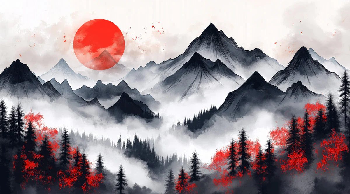 Crimson Sun and Misty Mountains Mural Wallpaper — Japanese Style Mural Wallpaper - room preview 02