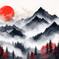 Crimson Sun and Misty Mountains Mural Wallpaper — Japanese Style Mural Wallpaper - room preview 02