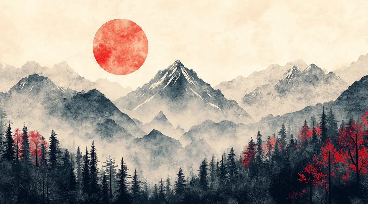 Sunrise Mountain Forest Mural Wallpaper — Impressionistic Scenery Mural Wallpaper - room preview 02