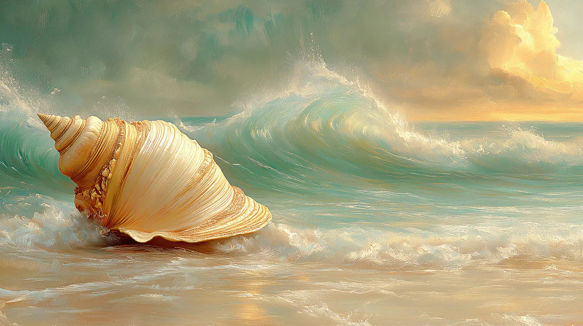 Golden Seashell and Coastal Wave Mural Wallpaper — Artistic Design Mural Wallpaper - room preview 02