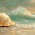 Golden Seashell and Coastal Wave Mural Wallpaper — Artistic Design Mural Wallpaper - room preview 02