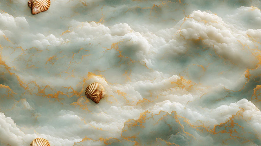 Cloud Wallpaper Mural – Sky Wall Mural – Floating Shell and Cloud — Whimsical Dreamscape printable artwork
