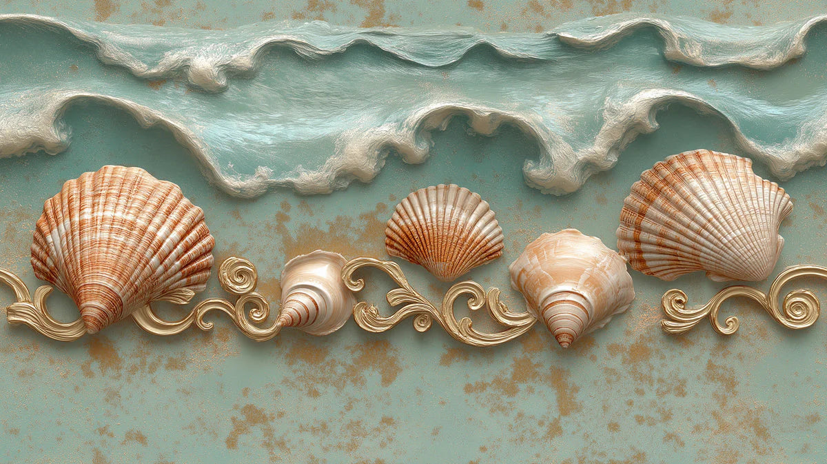 Coastal Seashell Mural Wallpaper with Ornate Gold Details Mural Wallpaper - room preview 02