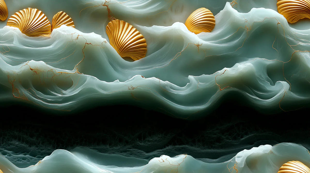 Gilded Sea Shell Mural Wallpaper — Ocean Wave Design Mural Wallpaper - room preview 02