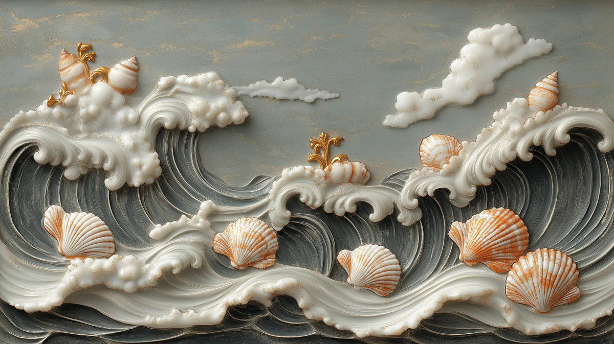 Sculpted Seashell and Ocean Wave Mural Wallpaper — Coastal Relief Mural Wallpaper - room preview 02