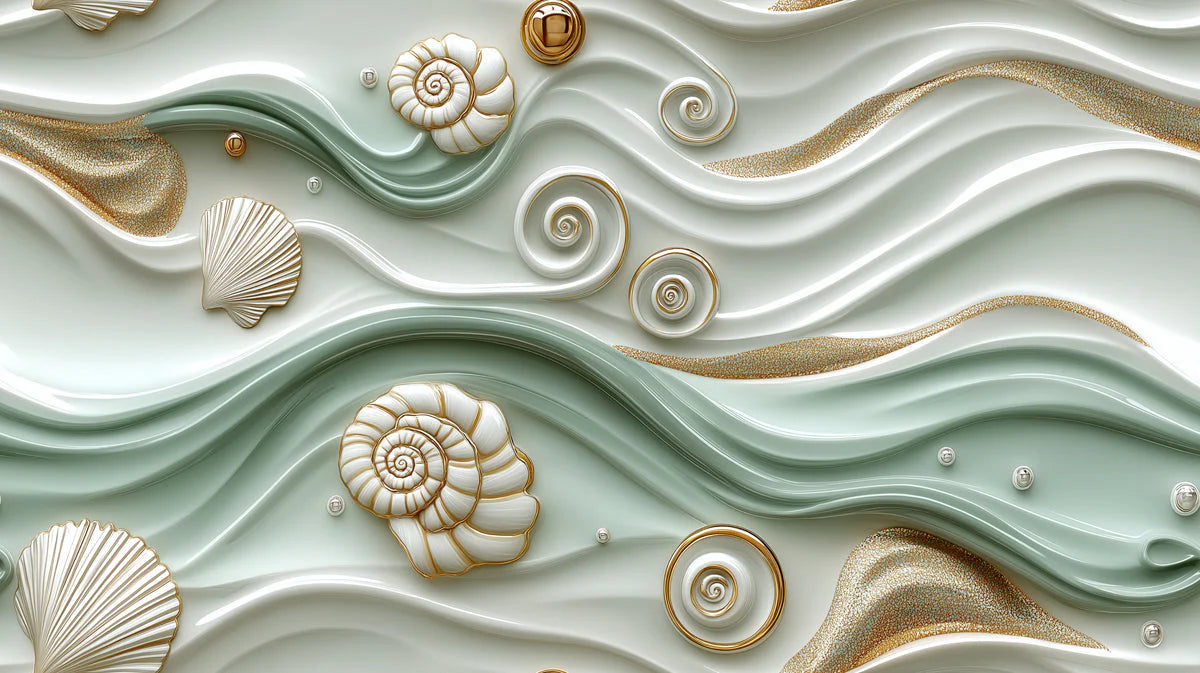 Coastal Wave and Seashell Mural Wallpaper — Fluid 3D Design Mural Wallpaper - room preview 02