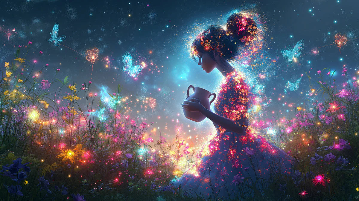 Starlit Floral Maiden Mural Wallpaper — Whimsical Night Scene Mural Wallpaper - room preview 02